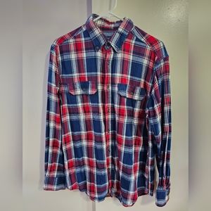 Faded Glory Men's M Plaid Flannel Shirt Cotton Plaid Long Sleeves Red White Blue